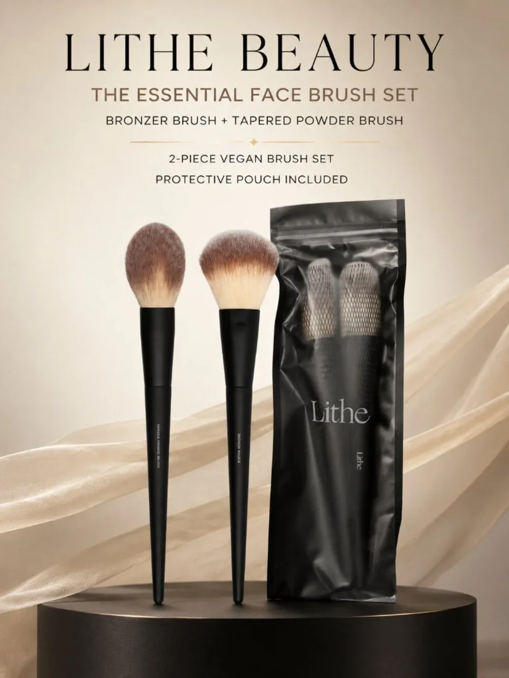 Lithe Beauty Essential Face Brush Set Bronzer Tapered Powder 2pc